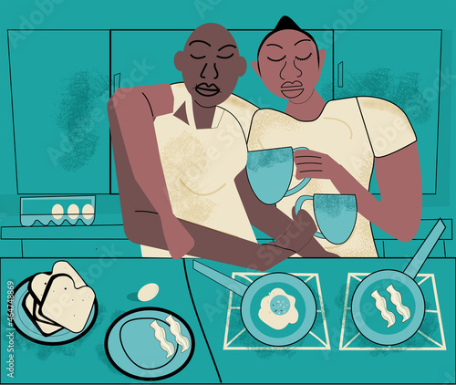 Gay couple having coffee in the kitchen