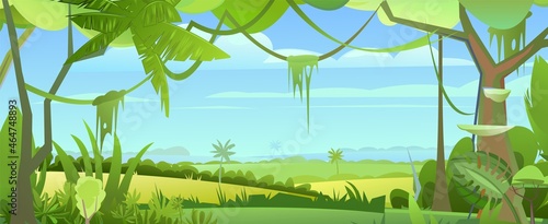 Jungle foliage. Beautiful landscape. Dense thickets. View from the Tropical forest panorama. Southern Rural Scenery. Illustration in cartoon style flat design. Vector