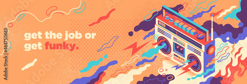 Abstract lifestyle illustration with isometric style ghetto blaster  splashing shapes and slogan. Vector illustration.