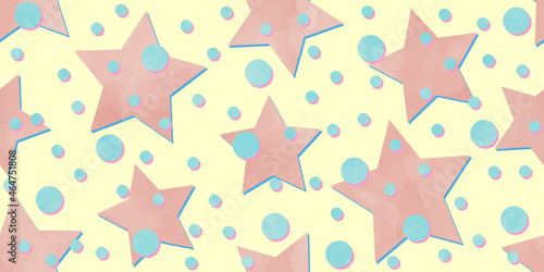 Seamless pastel vector watercolor baby background texture with red stars and confetti. Pastel color fun kids backdrop for postcards, poster. Hand drawn baby Christmas illustration. Merry Christmas.