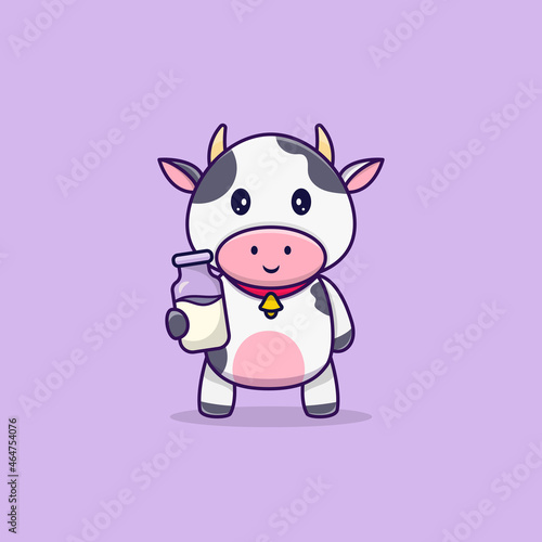 Cute cow standing and smile holding milk cartoon vector illustration