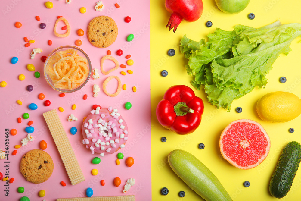 healthy foods and unhealthy foods on a colored background close-up top view. healthy foods and unhealthy foods on a colored background close-up top view.