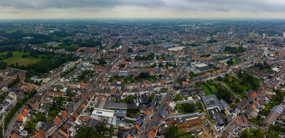 Aerial view around the city Aalst in Belgium on a cloudy morning day