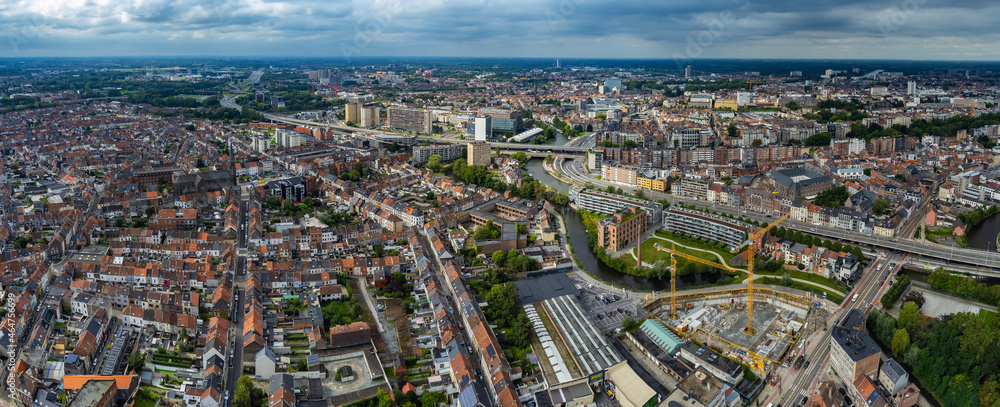 Aerial view around the outer part of Ghent on a morning day in summer