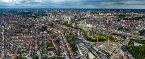 Aerial view around the outer part of Ghent on a morning day in summer