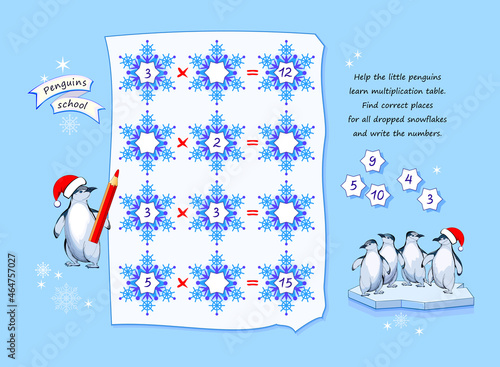 Penguins school. Help the little penguins learn multiplication table. Find correct places for all dropped snowflakes. Write numbers. Logic puzzle game. Math education. Worksheet for kids. Play online.