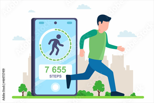 application in the phone for measuring steps. man runs in the city. flat vector illustration.