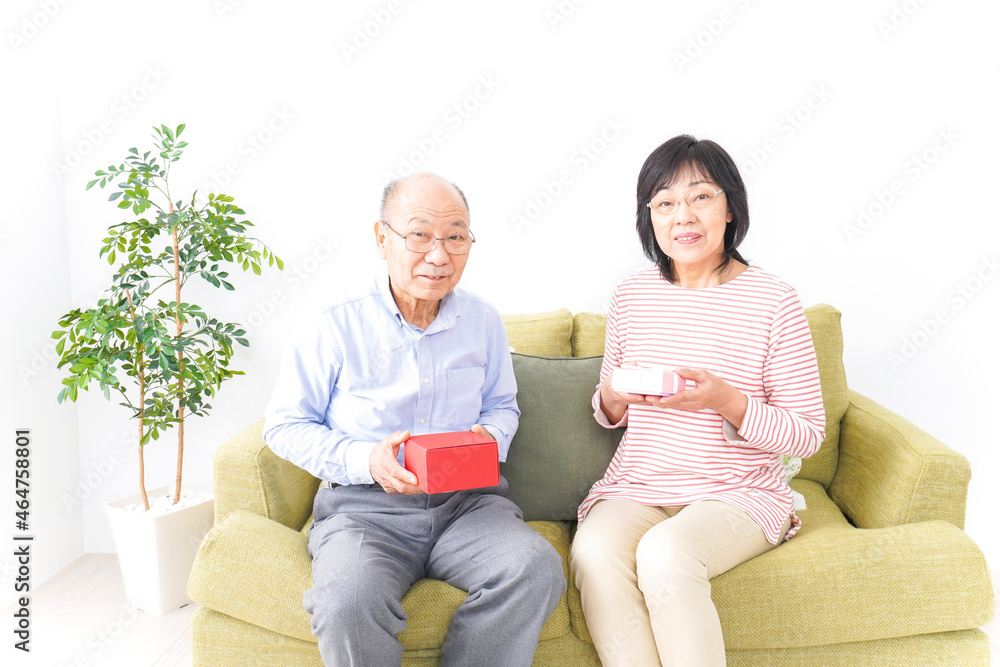 プレゼントを渡す高齢の夫婦 プレゼントを渡す高齢の夫婦