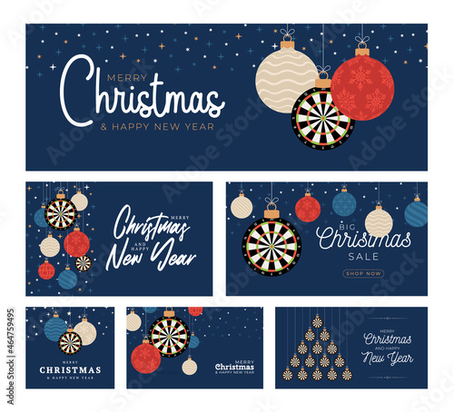 Dart Christmas card set. Merry Christmas sport flat greeting card. Hang on a thread dartboard as a xmas ball and color bauble on blue background. Sport Vector illustration collection.
