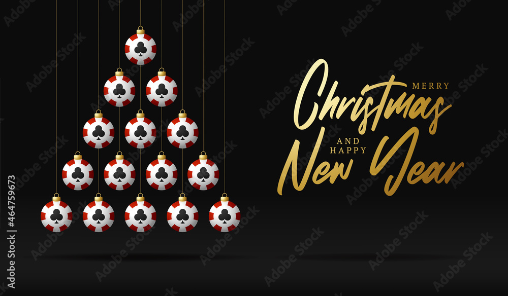 Christmas and new year greeting card casino chip bauble tree. Creative Xmas tree made by poker chip on black background for Christmas and New Year celebration. Sport greeting card