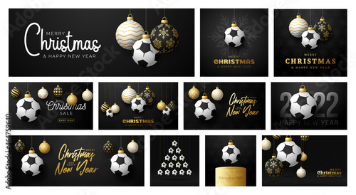 Soccer Christmas card set. Merry Christmas sport greeting card. Hang on a thread football ball as a xmas ball and golden bauble on black background. Sport Vector illustration collection.