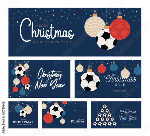 football Christmas card set. Merry Christmas sport flat greeting card. Hang on a thread soccer ball as a xmas ball and color bauble on blue background. Sport Vector illustration collection.