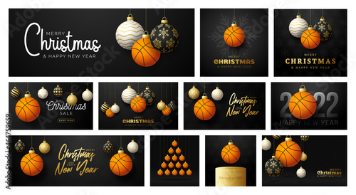 basketball Christmas card set. Merry Christmas sport greeting card. Hang on a thread basketball ball as a xmas ball and golden bauble on black background. Sport Vector illustration collection.