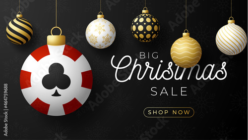 Christmas poker sale card. Merry Christmas sport greeting card. Hang on a thread casino chip as a xmas ball and bauble on horizontal background. Sport Vector illustration.