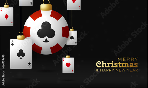 poker Christmas card. Merry Christmas sport greeting card. Hang on a thread poker chip as a xmas ball and golden bauble on black background. Sport Vector illustration.
