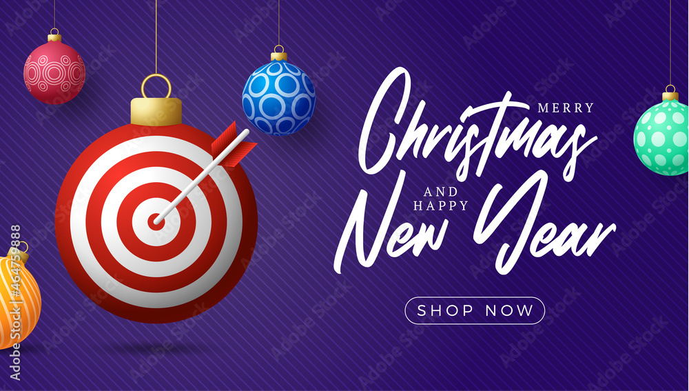 Christmas Target Dash sale card. Merry Christmas sport greeting card. Hang on a thread Target Dash as a xmas ball and bauble on horizontal background. Sport Vector illustration.