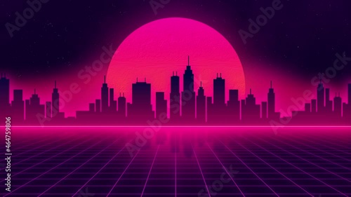 retro-futuristic 80s style with neon city backgrounds. Seamless loop of cyberpunk cityscape with a moving grid floor. VJ synthwave looping 3D animation for music video