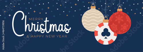poker Christmas card. Merry Christmas sport greeting card. Hang on a thread poker chip as a xmas ball and golden bauble on black background. Sport Vector illustration.