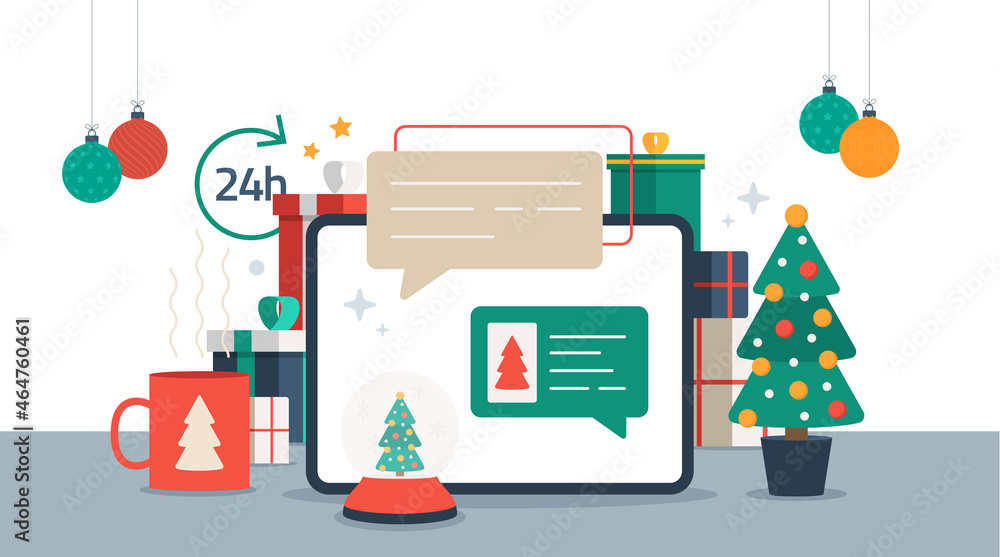 Christmas chatting on tablet. Chat messages on computer online vector illustration, flat cartoon workspace or working desk laptop pc with chatting bubble notifications Christmas chatting on tablet. Chat messages on computer online vector illustration, flat cartoon workspace or working desk laptop pc with chatting bubble notifications