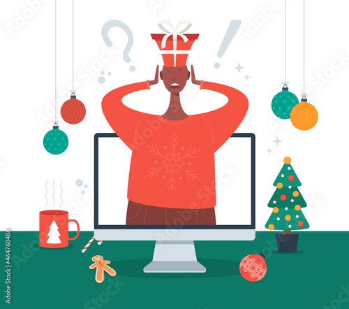 What gift to choose concept. Shocked man in a New Year or Christmas suit chooses gifts on computer screen. Flat cartoon Vector stock illustration.