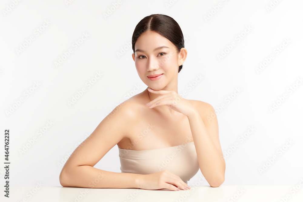 Obraz premium Beautiful young asian woman with clean fresh skin on white background, Face care, Facial treatment, Cosmetology, beauty and spa, Asian women portrait.