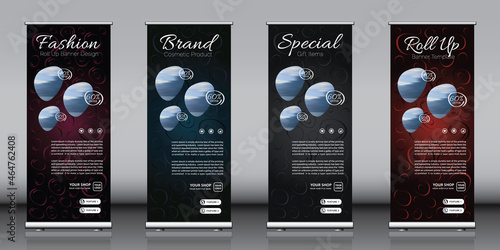 Vertical roll up banner design templates set. Standee banner layout. For advertisement, product sales and marketing. Business flyer, display, x-banner, flag-banner, infographics, presentation.