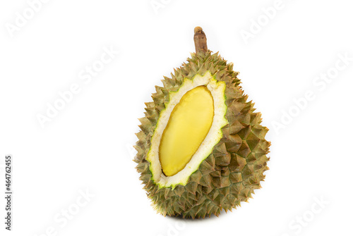 Durian with a little unshelled sees the durian meat on white background. Durian is the king of fruit and the most famous of fruit.