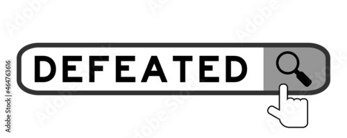 Search banner in word defeated with hand over magnifier icon on white background