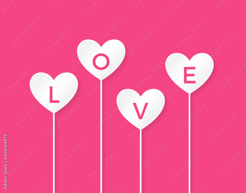Paper hearts vector with love text on pink background for valentine's day card and wedding design elements.
