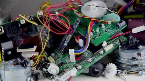 Close-up on of electronic waste. E-waste from Old computers and equipements photo