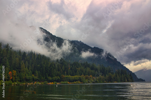 A magnificent view of the mountain that along cameron lake, Vancouver Island, British Colombia, Bc Canada on a stormy day photo