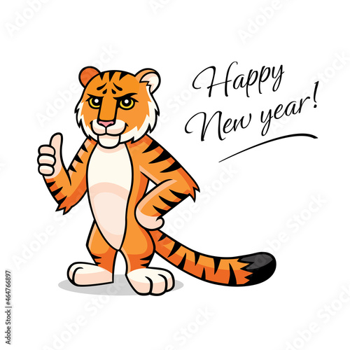 Vector cartoon Tiger. Character  mascot  symbol  sign of Chinese New year. Tiger shows thumb up. Happy New Year lettering. Lunar new year  year of the tiger postcard  illustration