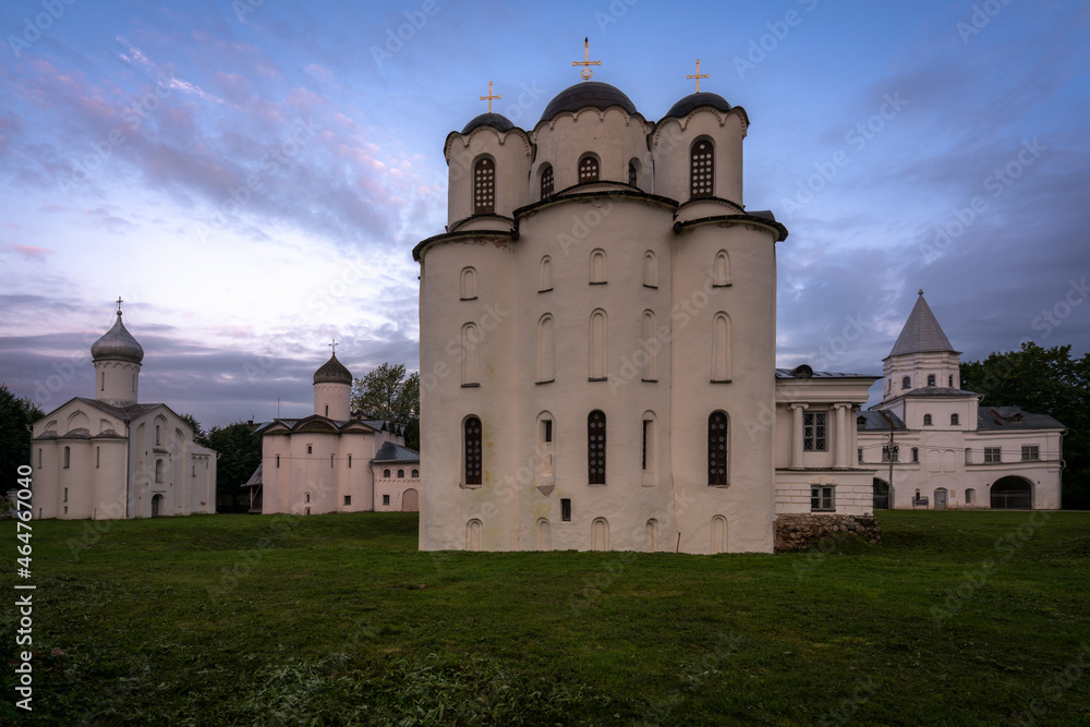 Nikolo-Dvorishchensky Cathedral, the Gate Tower of Gostiny Dvor, the Church of the Myrrh-Bearing Women and the Church of Prokopiy on the territory of Yaroslavovo Dvorishche, Veliky Novgorod, Russia