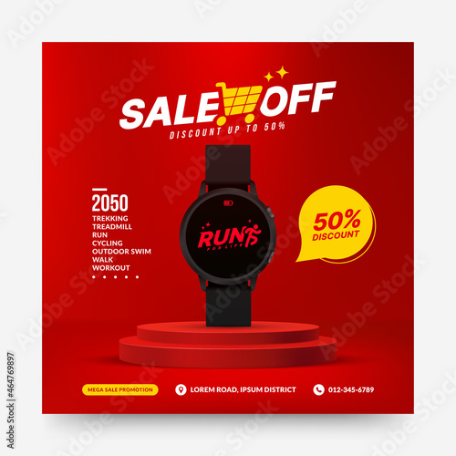 Smart watch sale off isolated on red podium for social media post, pedestal stage for product presentation background