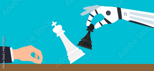 man and robot playing chess robotic hand with pawn figure knocking king  checkmate vector illustration