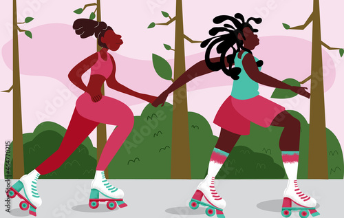 Lesbian couple rollerskating together holding hands