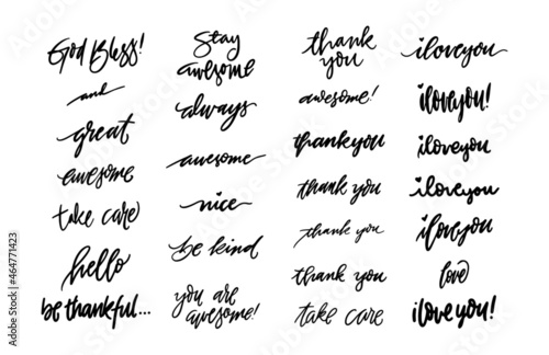 Set of hand drawn catchphrases, hand-painted expressions: thank you, hello, I love you photo