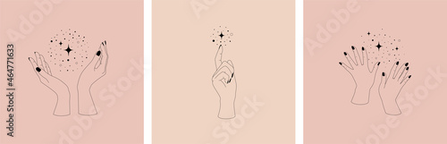 Set of graceful female hands in doodle style emit sparks and sparkles
