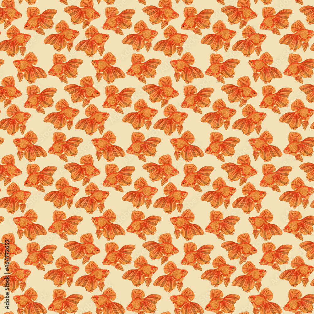 Digital illustration of orange detailed aquarium goldfish seamless pattern on yellow background. High quality illustration Digital illustration of orange detailed aquarium goldfish seamless pattern on yellow background. High quality illustration