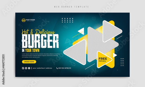 Fast food restaurant social media marketing web banner template design. Pizza, burger or healthy food online sale promotion flyer. Food menu abstract background with icon & logo for website.         