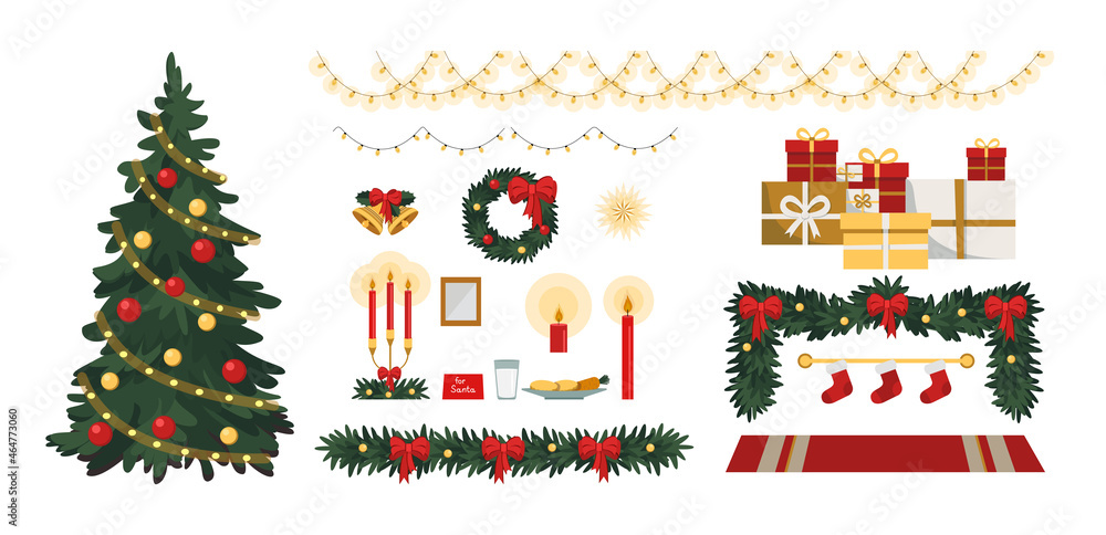 Vector set of illustration for Christmas time: sweater, Christmas ornaments, gingerbread cookies, candles, gift, snowman. Scrapbook collection. Winter greeting card. 