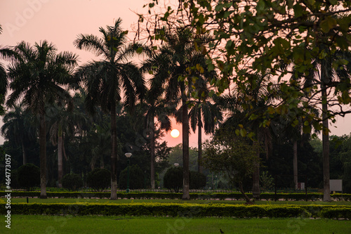 インド コルカタにあるビクトリア・メモリアルの庭園から見える夕日
