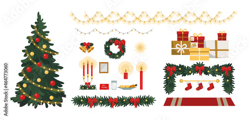 Vector set of illustration for Christmas time: sweater, Christmas ornaments, gingerbread cookies, candles, gift, snowman. Scrapbook collection. Winter greeting card. 