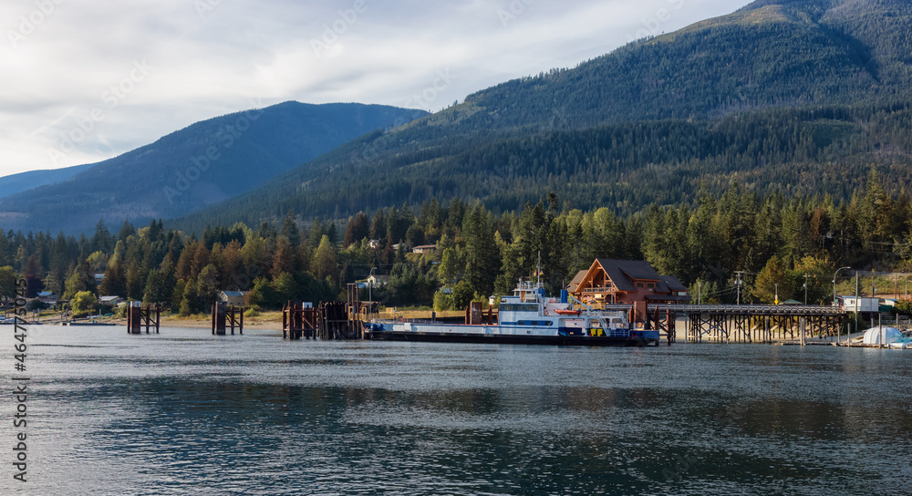 Balfour Ferry Terminal on Kootenay River. Sunny Fall Season Day. Located near Nelson, British Columbia, Canada.
