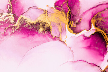 Pink gold abstract background of marble liquid ink art painting on paper . Image of original artwork watercolor alcohol ink paint on high quality paper texture .