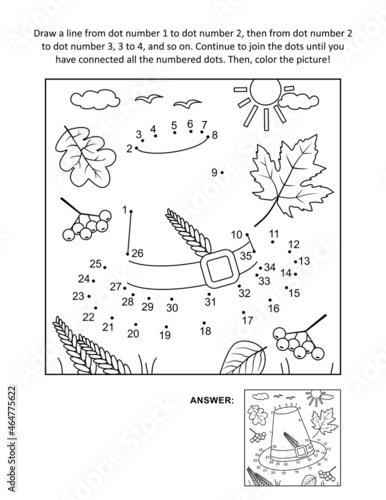 Thanksgiving Day holiday themed dot-to-dot, or connect the dots, else join the dots, picture puzzle and coloring page wth pilgrim hat hidden picture. Answer included.
 photo