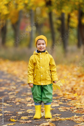 happy child boy in yellow raincoat and rubber boots in autumn park