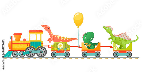 Train with cute little dinosaur in cartoon style. Vector colorful illustration for school, preschool kids design.
