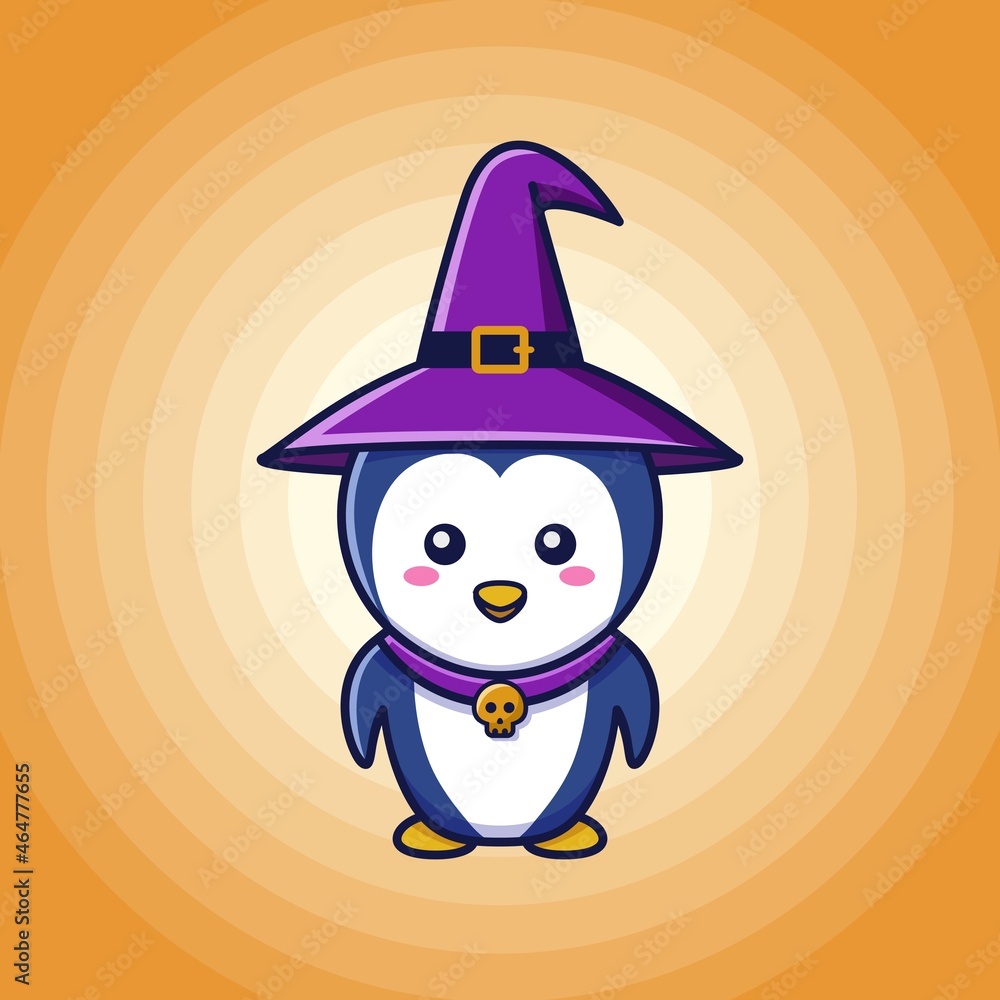 Cute little penguin wearing a purple witch hat and bone necklace