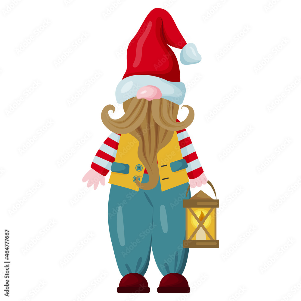 Illustration of a cartoon gnome in a bright colorful costume. A fabulous Christmas character holds a lantern in his hands. Vector. Illustration of a cartoon gnome in a bright colorful costume. A fabulous Christmas character holds a lantern in his hands. Vector.